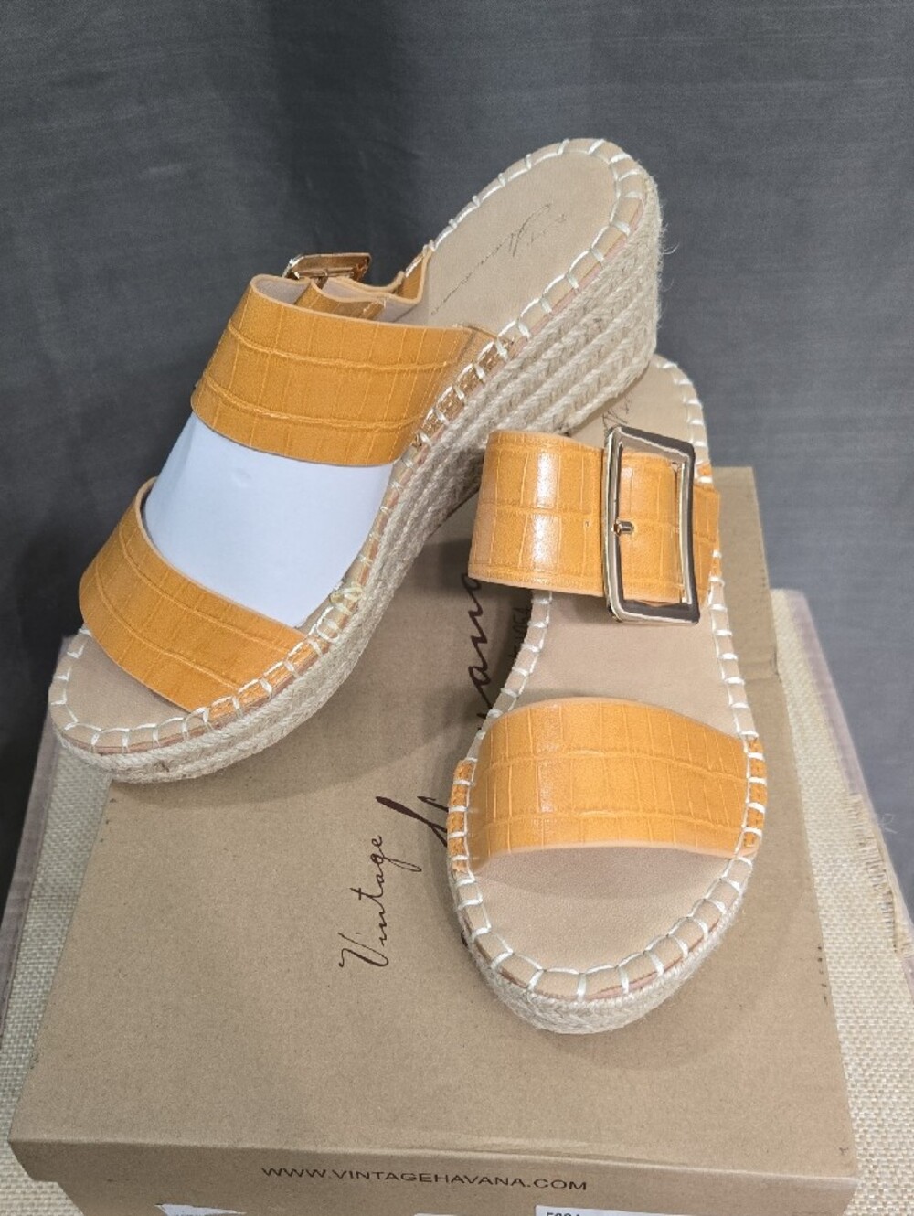 Vintage Havana Yellow Croc-Embossed Espadrille Wedge Slide with Buckle - Picture 6 of 7